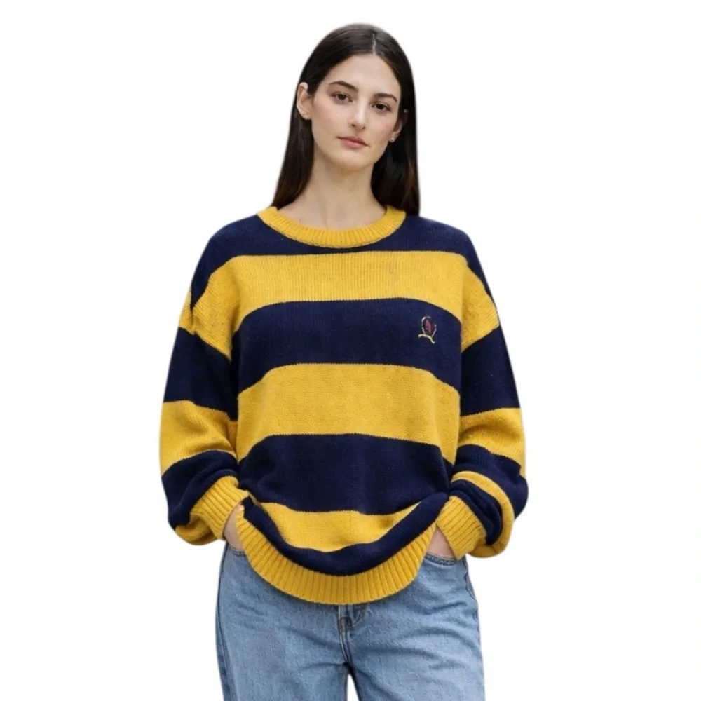 Tommy Hilfiger Vintage Oversized Navy & Yellow Striped Crewneck Pullover Sweater